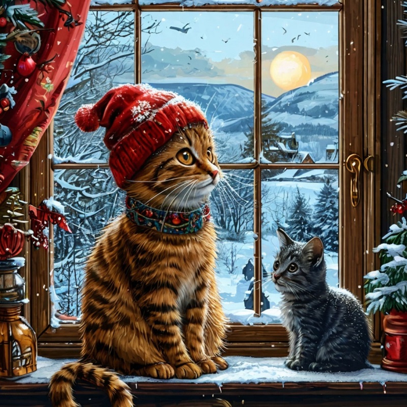 Кот смотрит в зимние окно