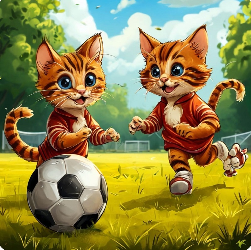 Коты во дворе играют в мяч