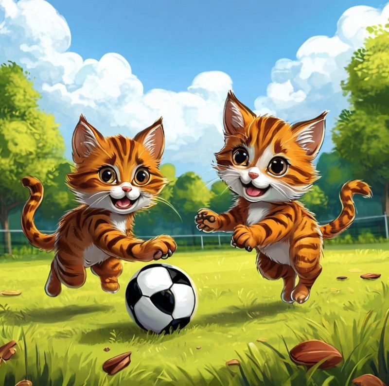 Коты во дворе играют в мяч