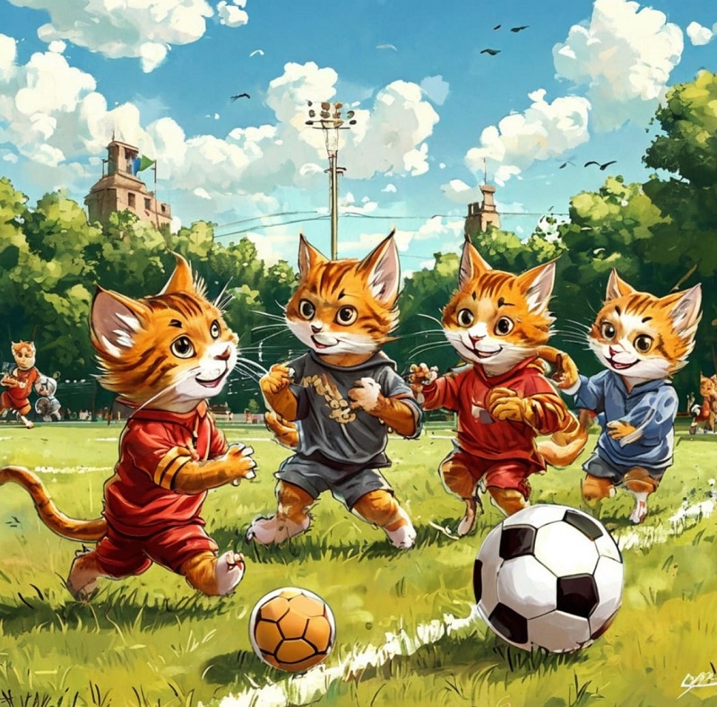 Коты во дворе играют в мяч