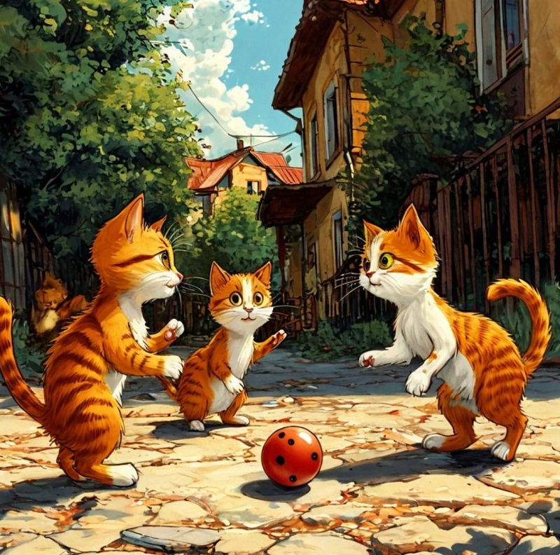 Коты во дворе играют в мяч